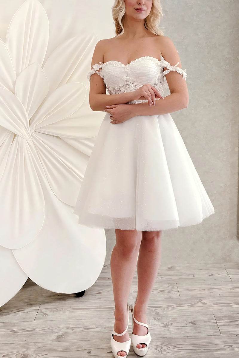 A-Line Knee Length Lace Tulle Little White Dress 100034 - COCOMELODY